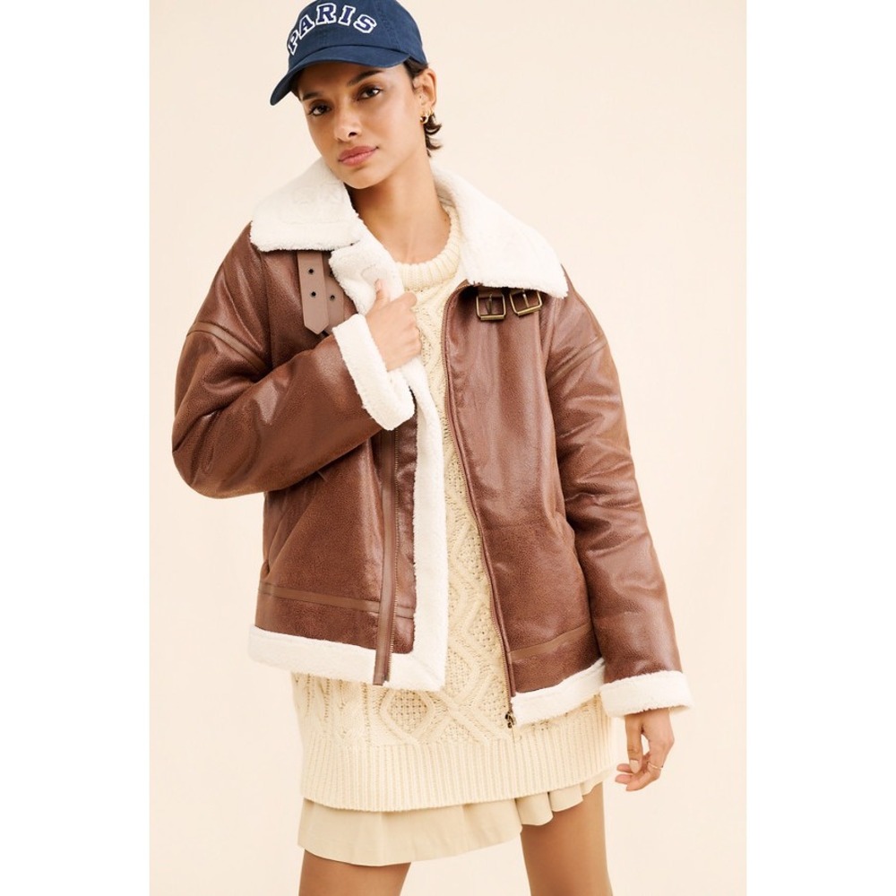 Lioness Heiress Brown Vegan Leather Sherpa Aviator Jacket Size S